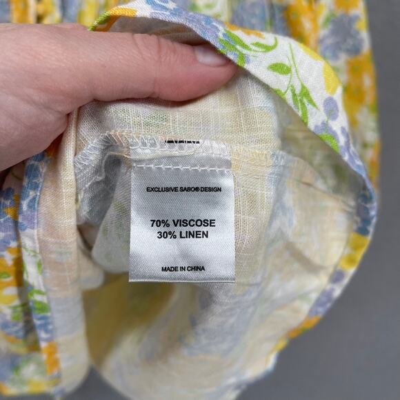 Sabo Leta Top Womens Lg Yellow Floral Puff Sleeve Pintuck Cottage Coastal Boho - Picture 12 of 14